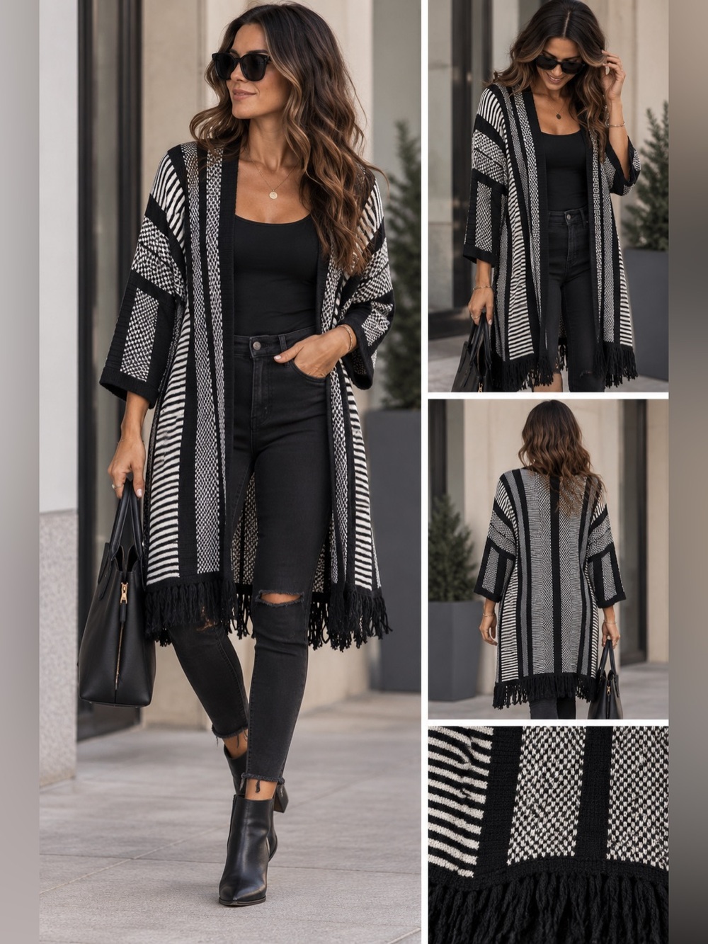 Express Black White Geometric Fringe Cardigan Sweater Coat One Size